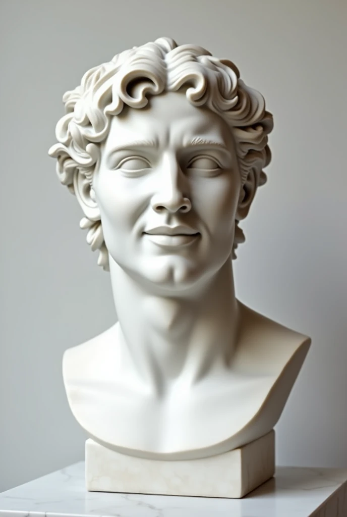 generates a white ancient Greek style sculpture bust depicting a man with short, wavy hair and a happy expression. Be sure to capture the refined style and artistic details characteristic of Greek sculpture..