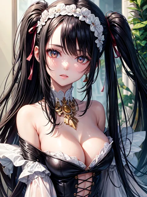 A girl with black hair and white eyes, a lot of bust, Model&#39;s hips and body, slightly blushing as if from shame in a room lying on the bed in a golden bikini 