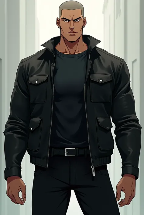 Tall athletic man, short shaved hair, Without beard, black leather pants and jacket, black anime basic t-shirt