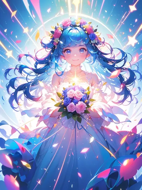 High resolution、High resolution、Rose flower person、Rose Fairy、Rose Costume、Surrounded by roses、A gentle gaze、A kind smile,Blue Hair/Light blue hair, smile, Sparkle Effect, 