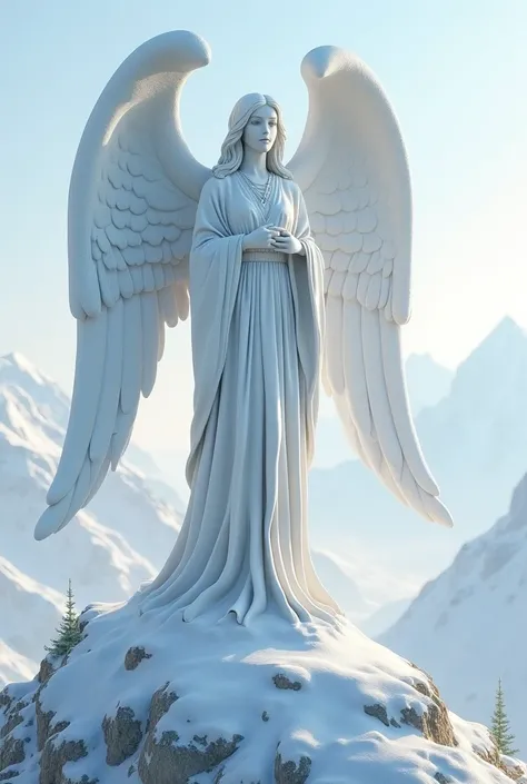 Build an angel statue on a white snowy mountain design.