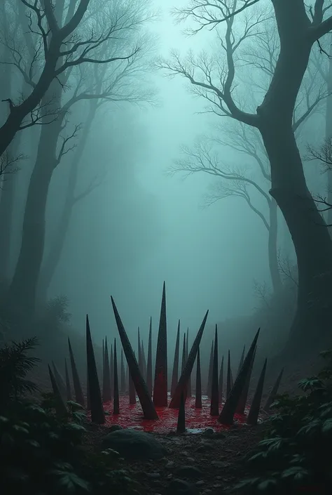 Forest with foggy weather, trap of sticky spikes of iron blood coming out of the ground 