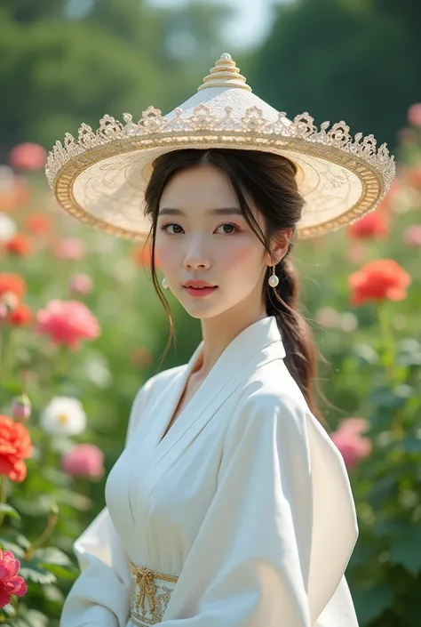 A beautiful Korean woman wearing a white classic European dress, wearing a noble hat in a beautiful flower garden Cinematography 8KUHD Hyper realist ultra 4HDnatural 