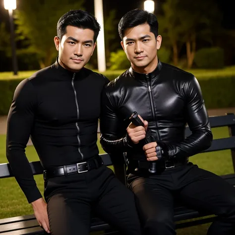 50 years old,Two Men,、Black bodysuit、Shocker Belt、Black gloves、I had a gun on my hip、Garden at Night、Arms crossed on the bench　logic, ,Black Hair、Very short perm。Very short hair、Handsome fighter　Asian Face　Stubble、The crotch area of your trousers is bulgin...