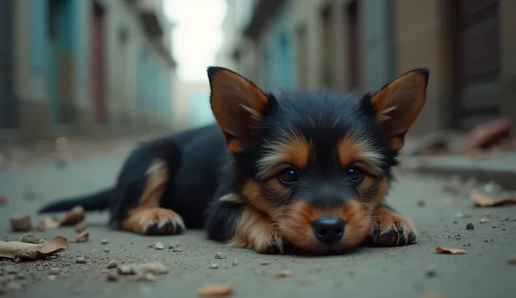 Realistic photography of a beautiful Yorkshire terrier puppy, three months old, with dark fur, Alone and sad lying on the ground on a dirty and broken street, an abandoned puppy, lying on the floor in a frontal position, looking sadly at the camera. The pu...