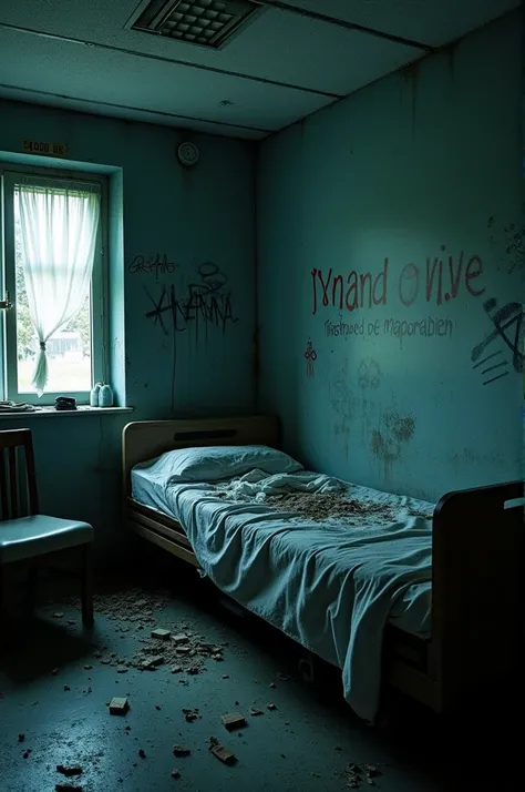 ((best quality)), ((masterpiece)), (detailed), an empty chair is next to the messy patient bed, items scattered on the floor and on the table, torn curtain, a wall full of graffiti. in the dark and spooky night.