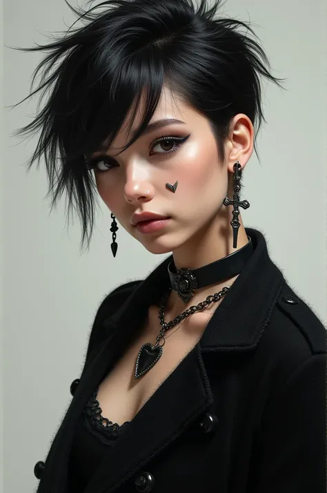 Girl with short hair and tips pointing up with a heart-shaped piercing in her nose and a black sweater, a cross-shaped earring and a black necklace with a heart in the middle 