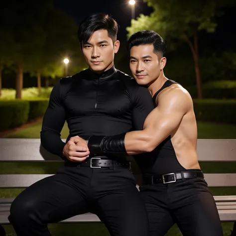 50 years old,Two Men,、Black bodysuit、Shocker Belt、Black gloves、I had a gun on my hip、Garden at Night、Hugging on the bench　logic, ,Black Hair、Very short perm。Very short hair、Handsome fighter　Asian Face　Stubble、The crotch area of your trousers is bulging　smi...