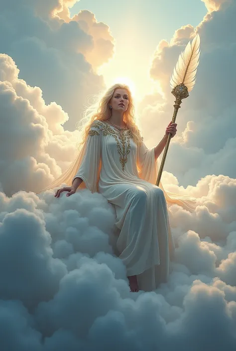 Zenon as a god sitting on a cloud with a feather-shaped scepter 