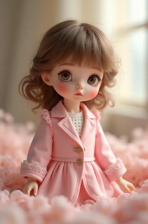  Little doll in a pink suit with brown hair and brown eyes