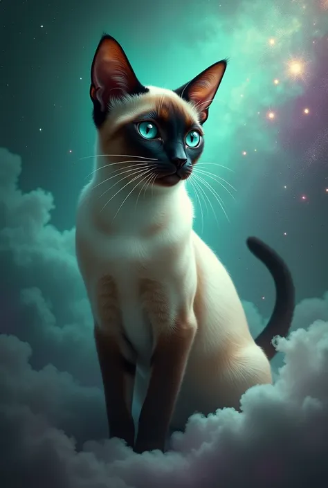 A Siamese cat with a green and purple background as if it were space
