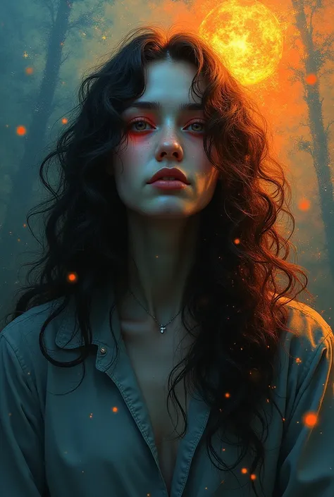 Vibrant hues dance across the canvas as a mysterious beauty emerges from an ethereal realm. Long wavy hair cascades like a fiery aurora around her enigmatic face, bathed in an eerie luminescence reminiscent of Beksinskis haunting scenes. Against a kaleidos...