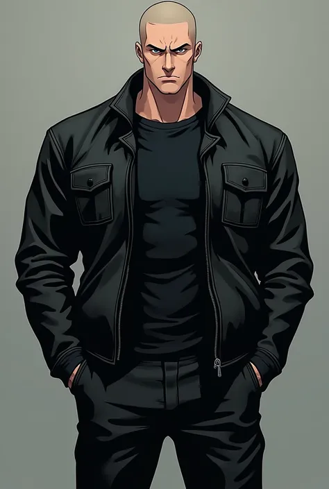 Tall athletic man, short shaved hair, Without beard, black leather pants and jacket, black anime basic t-shirt