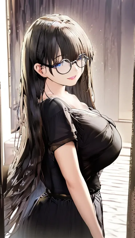 1girl, Black Hair, Very Long Hair, blue Eyes, short, black glasses, pink lips, smile, very large breasts, very tight black shirt, very short blue skirt, light skin, walking toward viewer, looking at viewer, walking through the doorway of black bedroom, upp...