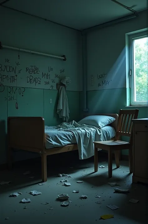 ((best quality)), ((masterpiece)), (detailed), an empty wooden chair in the hospital, being next to a messy patient bed, medical supplies and equipment were scattered on the floor and on the table, a wall full of graffiti. in the dark and spooky night.