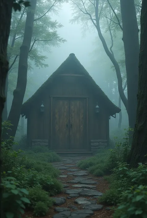 Forest with foggy weather, thick wooden door of a house 