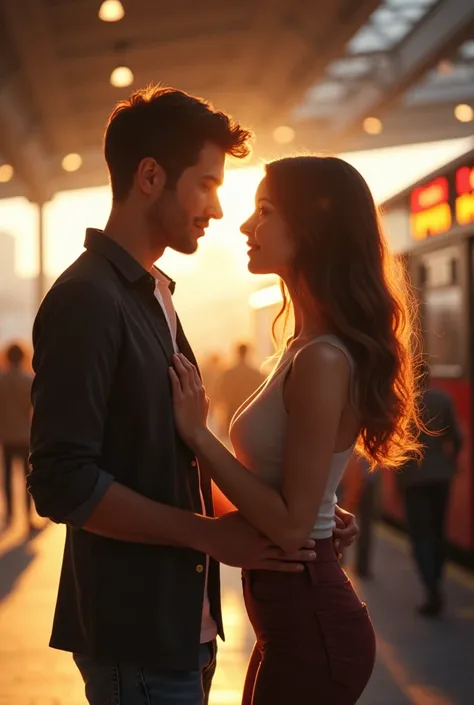 A tall, brown-haired couple who saw each other for the first time at the bus terminal and fell in love

