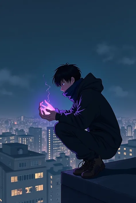 A boy on a rooftop watching the city at night on the edge of the roof crouching down, The boy is of thin build and has short hair with bangs, He is wearing loose black cargo pants and a black windbreaker with a scarf covering his nose and mouth., the boy i...