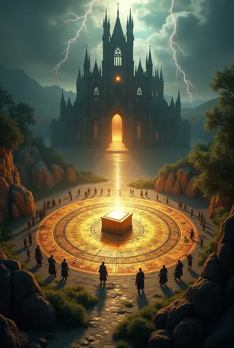 An ancient map highlighting possible hiding locations of the Ark, with mysterious figures in the background and an ancient cathedral in the spotlight, cercada por sombras. Ark in a biblical setting, surrounded by lightning and a divine light, as armies adv...