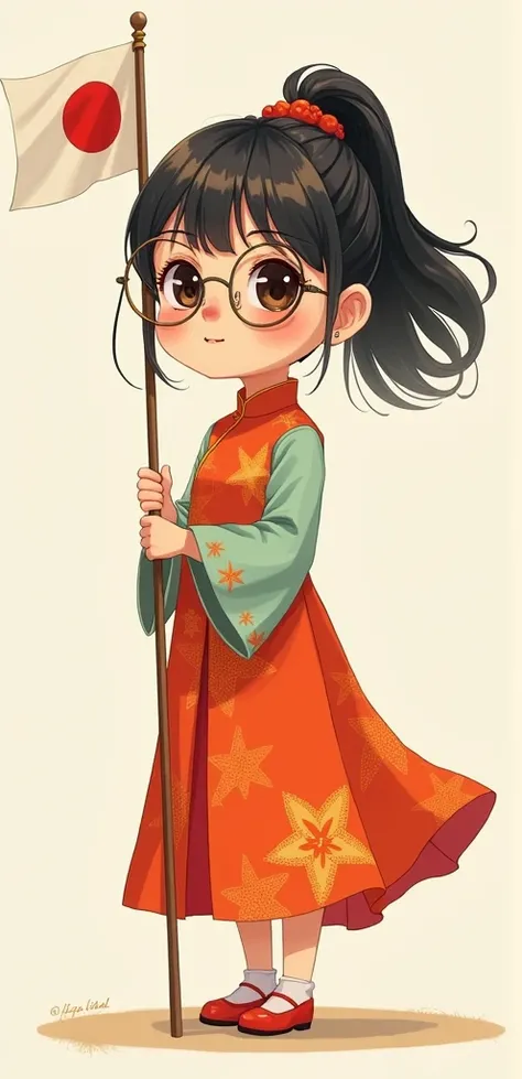 Create a vietnamese tiny girl with glasses in a traditional
Vietnamese dress holding the flag of Japan while being cute 