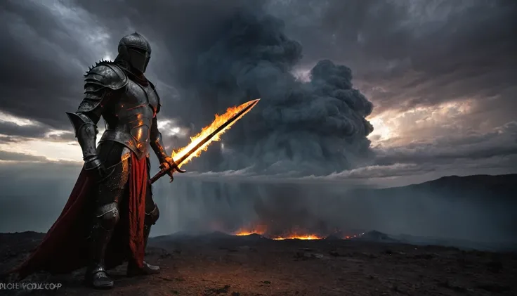 Caption A warrior, clad in charred and tattered armor, stands with a flaming sword in hand, looking at a dark sky with a fiery solar eclipse. The smoldering and damaged armor suggests a fierce battle, and the dark swirling clouds enhance the intense and om...