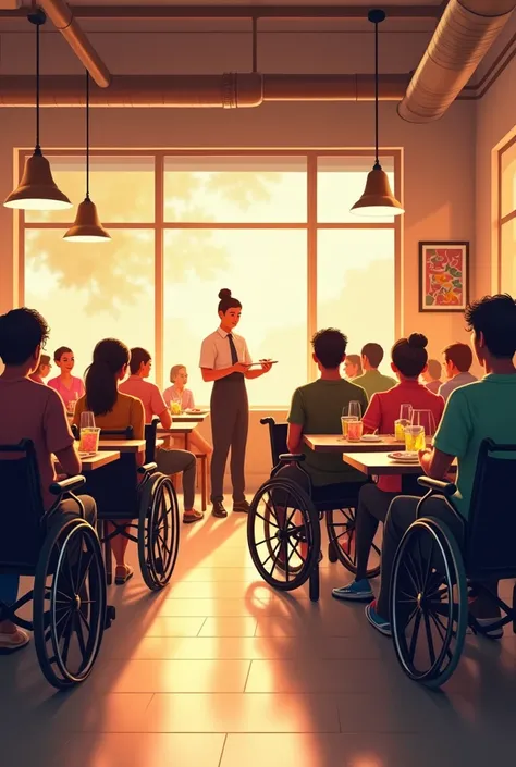 Inclusive restaurant, with people in wheelchairs, waiters speaking in pounds, autistic people...