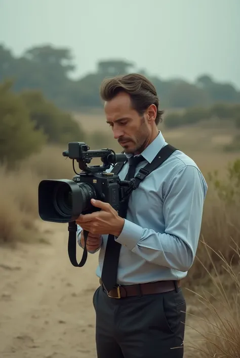 male reporter hang camera in nake