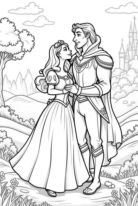 Show me the dog breed vizsla as Snow White and Border Collie as Prince Charming in Disney style coloring page black and white