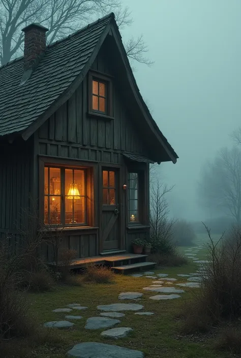 Old wooden house, nice room with foggy weather outside