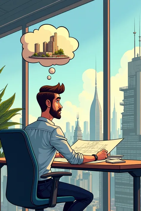 drawing of a man sitting looking out the window of a very tall building while working on an architectural plan at his work table this image but in drawing (do it with aerial perspective) that a cartoon comes out ( big vignette) of thought where you can see...