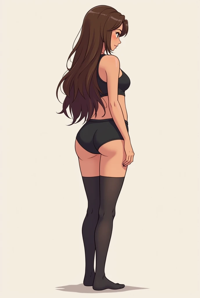 Femme format anime, brune cheveux longs, vu vers les jambes, tout le corps, chaussettes longues jupes, jambes parfaites 