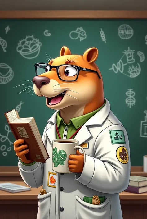 The character is a capybara portrayed as a biology professor. It wears a white lab coat with patches of microscopes and leaves, holding a biology book in one paw. In the other paw, its holding a mug with an anime character design. Glasses rest on the tip o...