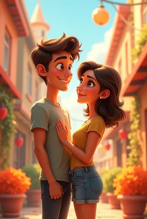 Create a Pixar-style couple image. Man with a mole on the left side below his mouth, slightly long and wavy hair