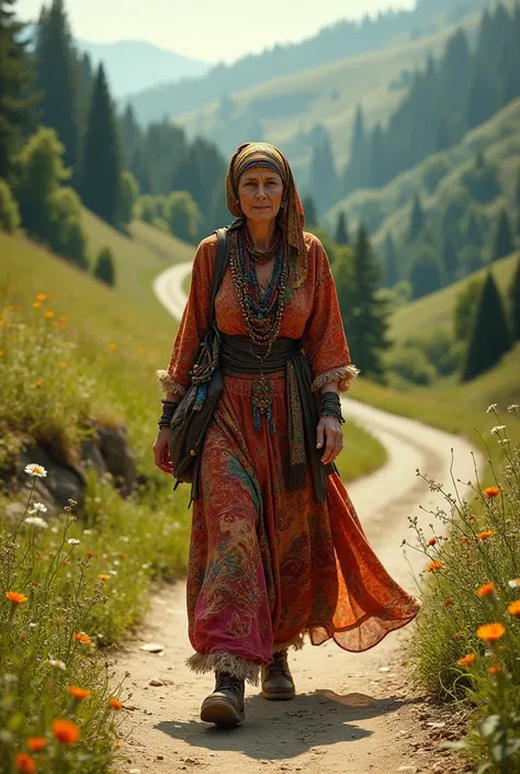 Gypsy walking on a road