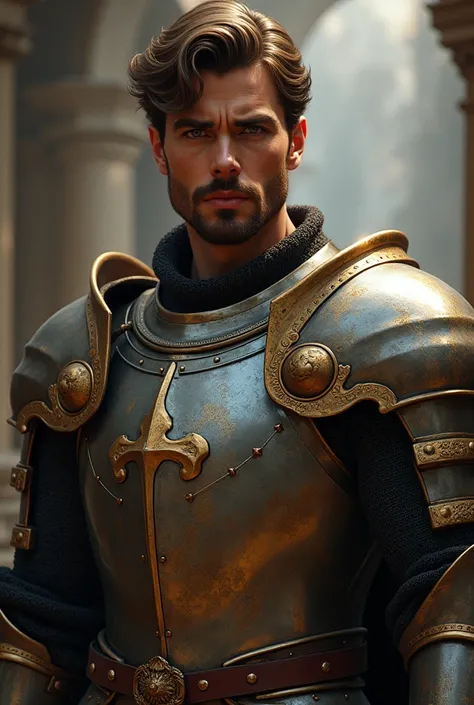 (photorealism:1.2) masterpiece, human male knight, handsome, square jaw, armored, romantic, sexy, unshaved