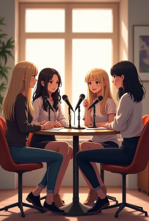 Have 4 girls sit around a table each with a microphone as if they were on a podcast. The first girl will have long hair, straight and blonde the second girl has long wavy black hair the third has shoulder length hair straight and blonde the last one will h...