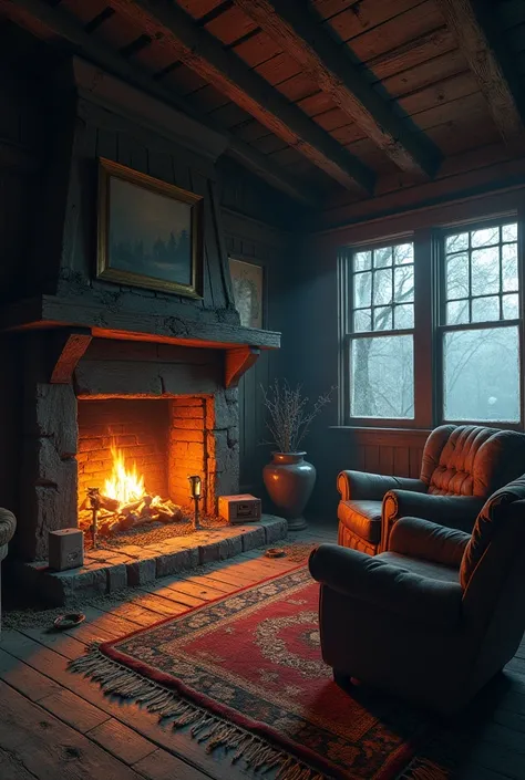 Living room of a wooden house with a lit fireplace and armchairs, the weather outside is foggy, the wood of the house is old and dusty, the armchairs are old and dirty 