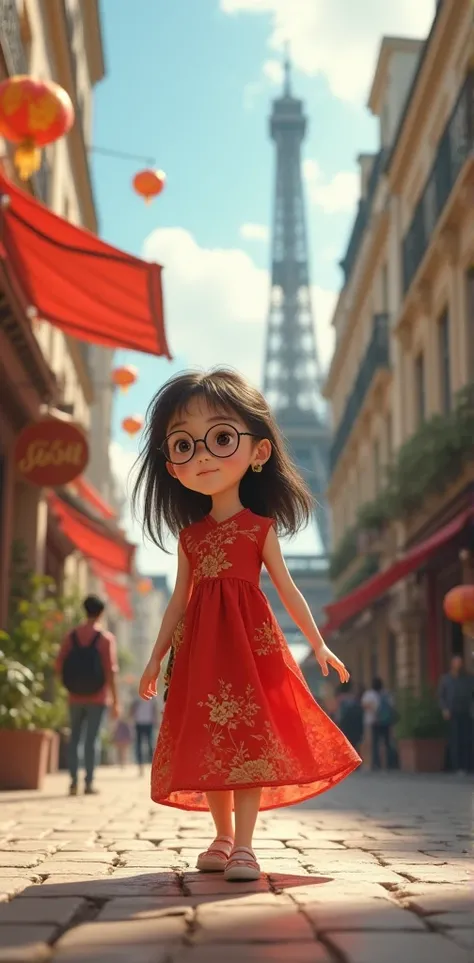 A tiny vietnamese girl with glasses using a traditional vietnamese dresss wandering in Paris