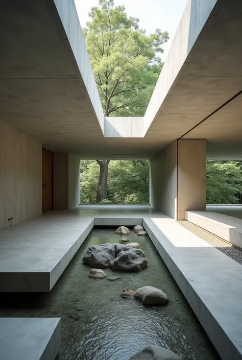 Designing a sacred meditation space inspired by the Zen principles of simplicity, emptiness and harmony with nature, Located near the Ryoanji Temple in Kyoto (Japan). the structure, entirely of concrete, reflects minimalism and the idea of impermanence thr...