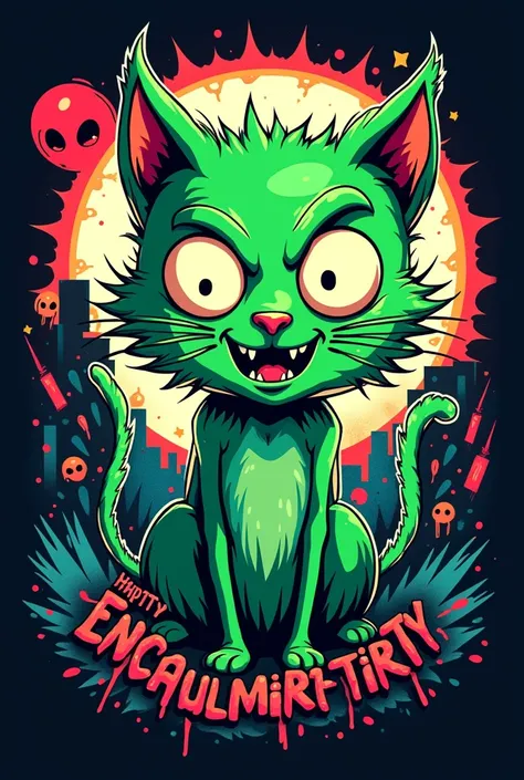 GENERATE A LOGO FOR AN URBAN T-SHIRT BRAND THAT IS MORE COLORFUL WITH AN IMAGE OF A KITTY ALLUDING TO A CARICATURE OF RICK AND MORTY THAT HAS THE COLOR GREEN AND THE NAME ALSO ALLUDES TO GHOSTS OR DANY PHANTOM AND CHUCKY

