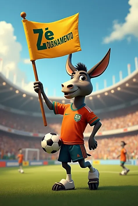 A donkey in a team jersey holding a soccer ball, carrying a banner written: Zé tournament in Portuguese 