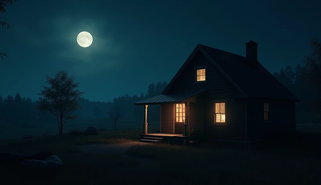 A home,midnight,moon.window ligth on.cinematic intro