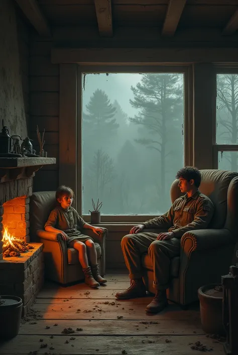 Living room of a wooden house with a lit fireplace and armchairs, the weather outside is foggy, the wood of the house is old and dusty, the armchairs are old and dirty, a biologist in a brown uniform and a  female child sitting in armchairs