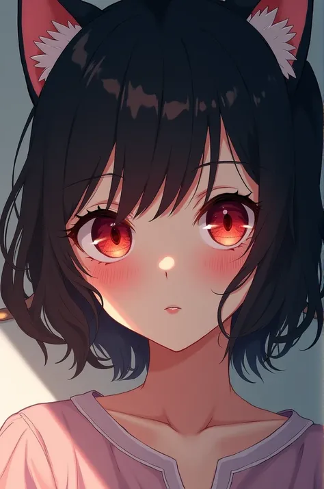 A girl in bnh drawing style with white skin, Deep red and beautiful eyes, short, slightly wavy black hair, long eyelashes, cat-like eye shape