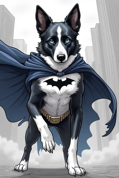 Show me a border collie male in the color blue merle as batman as a coloring page 