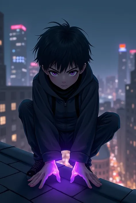 A boy on a rooftop watching the city at night on the edge of the roof crouching down, The boy is of thin build and has short hair with bangs, He is wearing loose black cargo pants and a black windbreaker with a scarf covering his nose and mouth., the boy i...