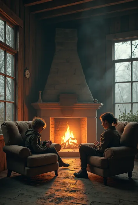 Living room of a wooden house with a lit fireplace and armchairs, the weather outside is foggy, the wood of the house is old and dusty, the armchairs are old and dirty, a female biologist in a brown uniform and a  female child sitting in armchairs