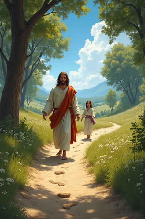 Jesus walks down a path, behind him goes a person following the footprints he leaves behind. 