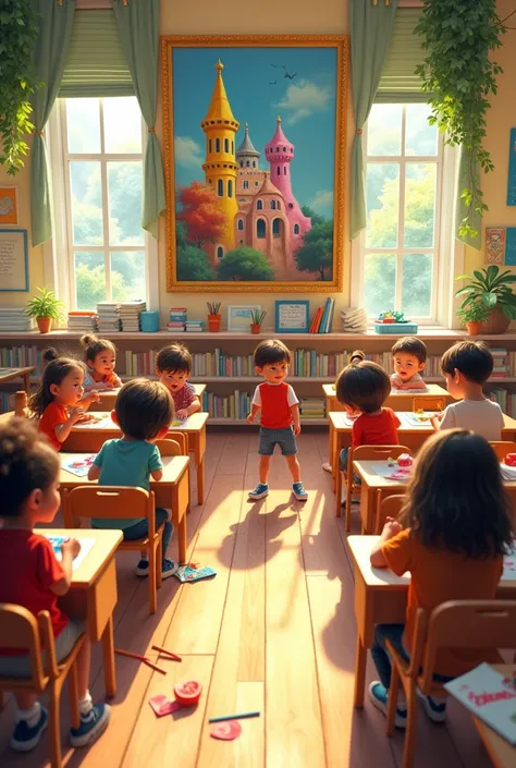 A large, sunlight-lit school classroom, with a painting by Gaudí in the background, with group of groups of children playing, group of children drawing