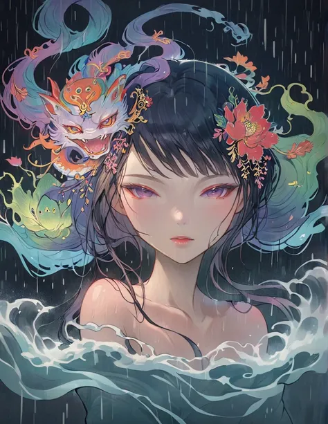 One Woman, Japanese Yokai, Draw a beautiful monster portrait, Beautiful art, colorful, Heavy rain in the dark, Very wet hair